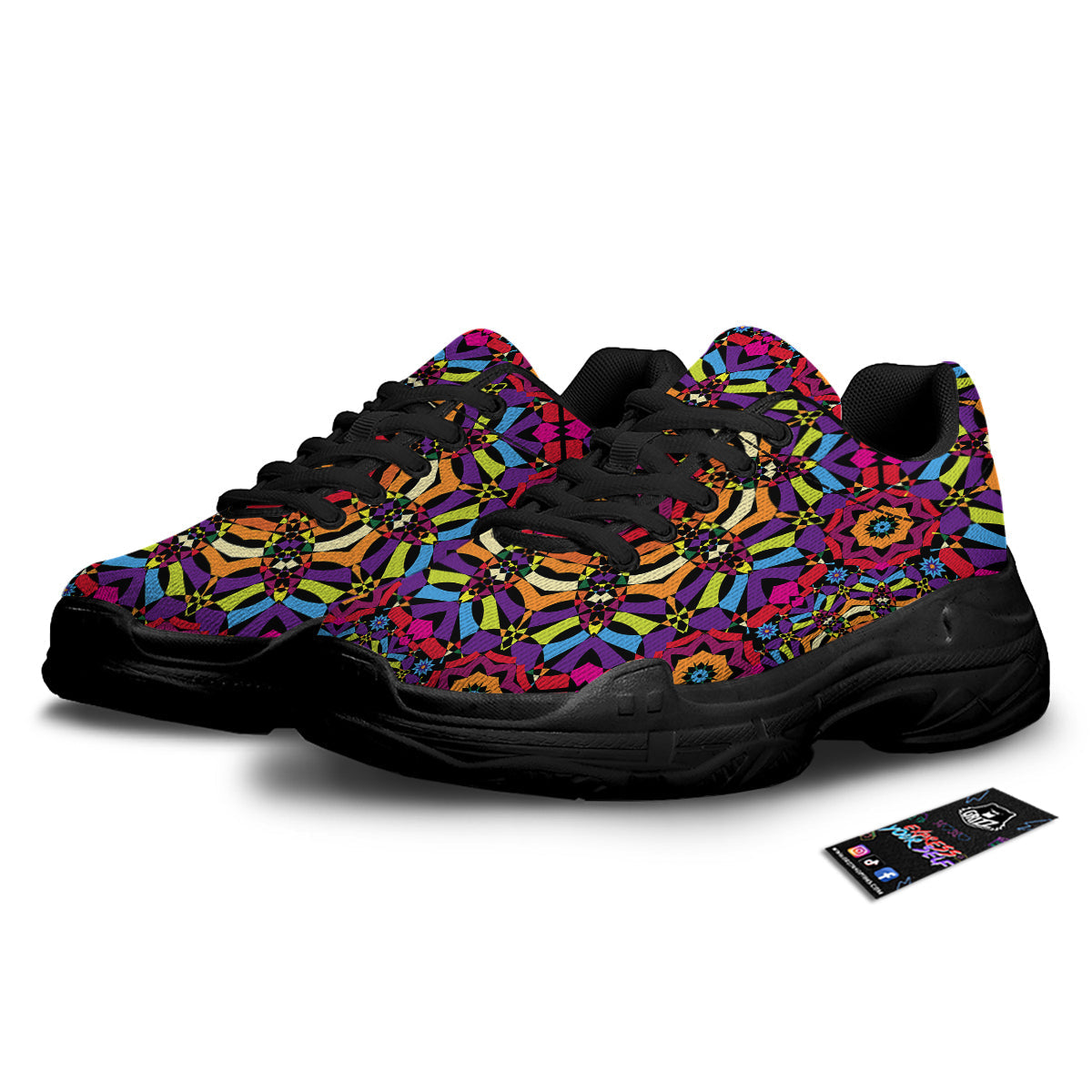 Kaleidoscope Psychedelic Colorful Print Black Chunky Shoes-grizzshop