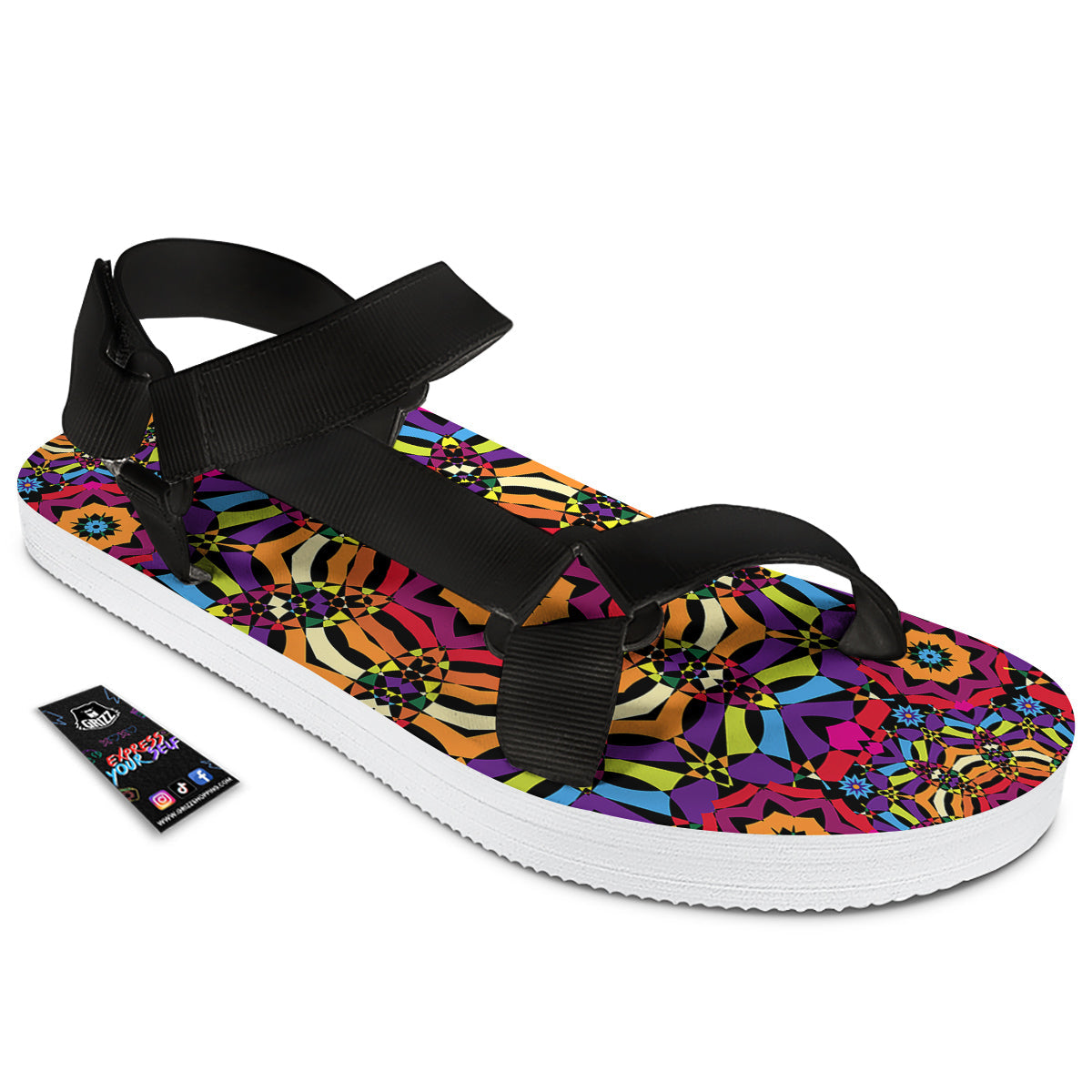 Kaleidoscope Psychedelic Colorful Print Black Open Toe Sandals-grizzshop