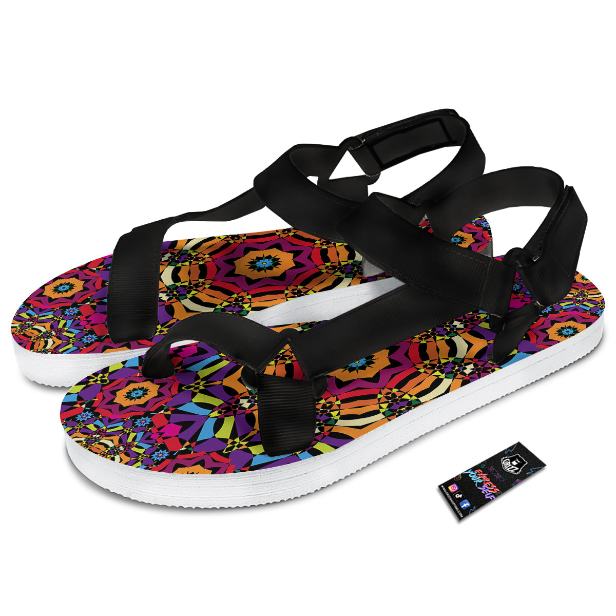 Kaleidoscope Psychedelic Colorful Print Black Open Toe Sandals-grizzshop