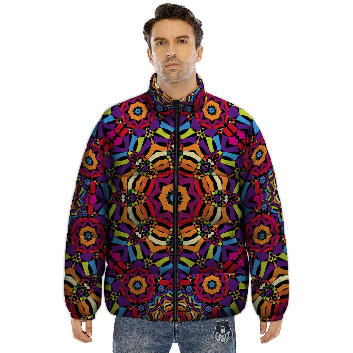 Kaleidoscope Psychedelic Colorful Print Puffer Jacket-grizzshop