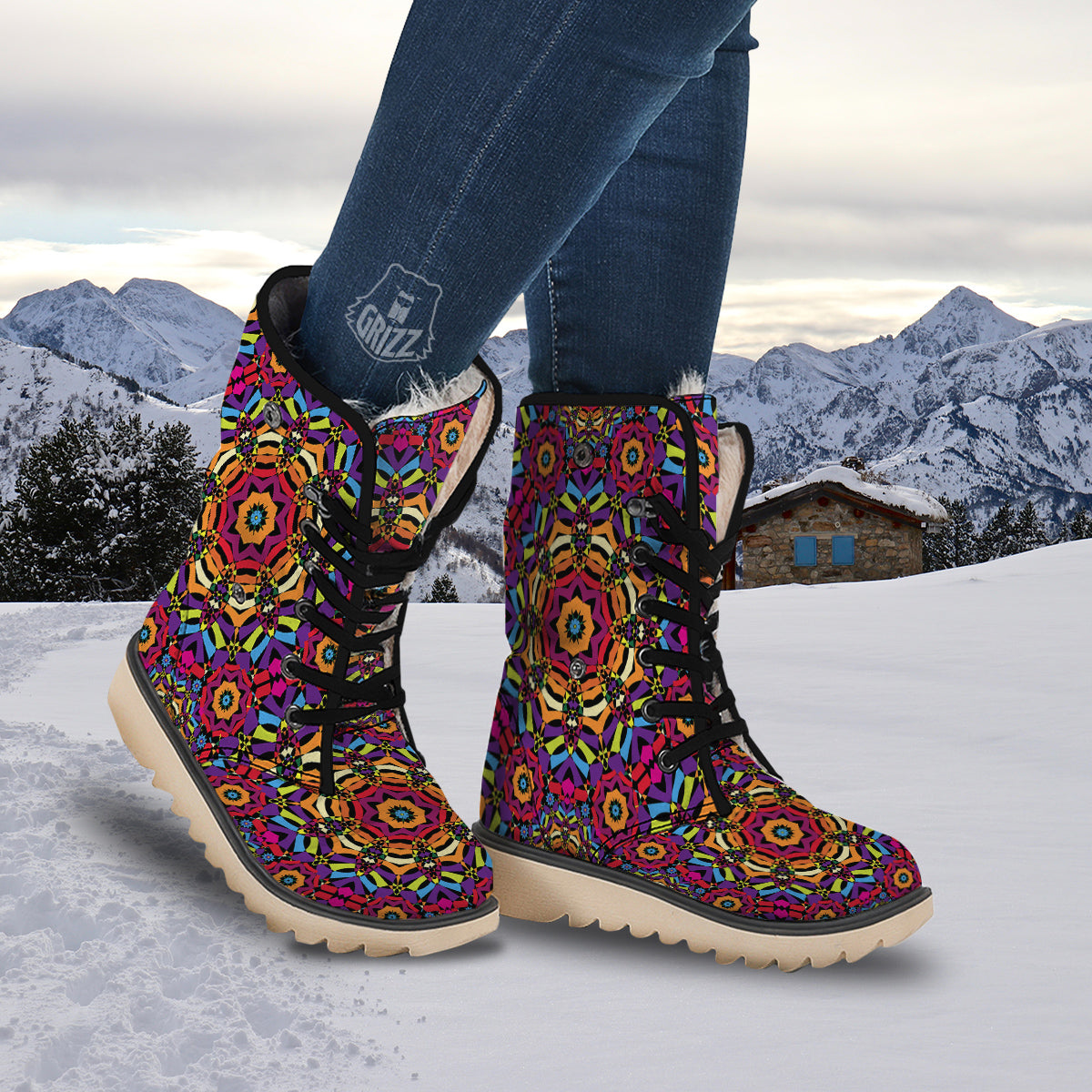 Kaleidoscope Psychedelic Colorful Print Snow Boots-grizzshop