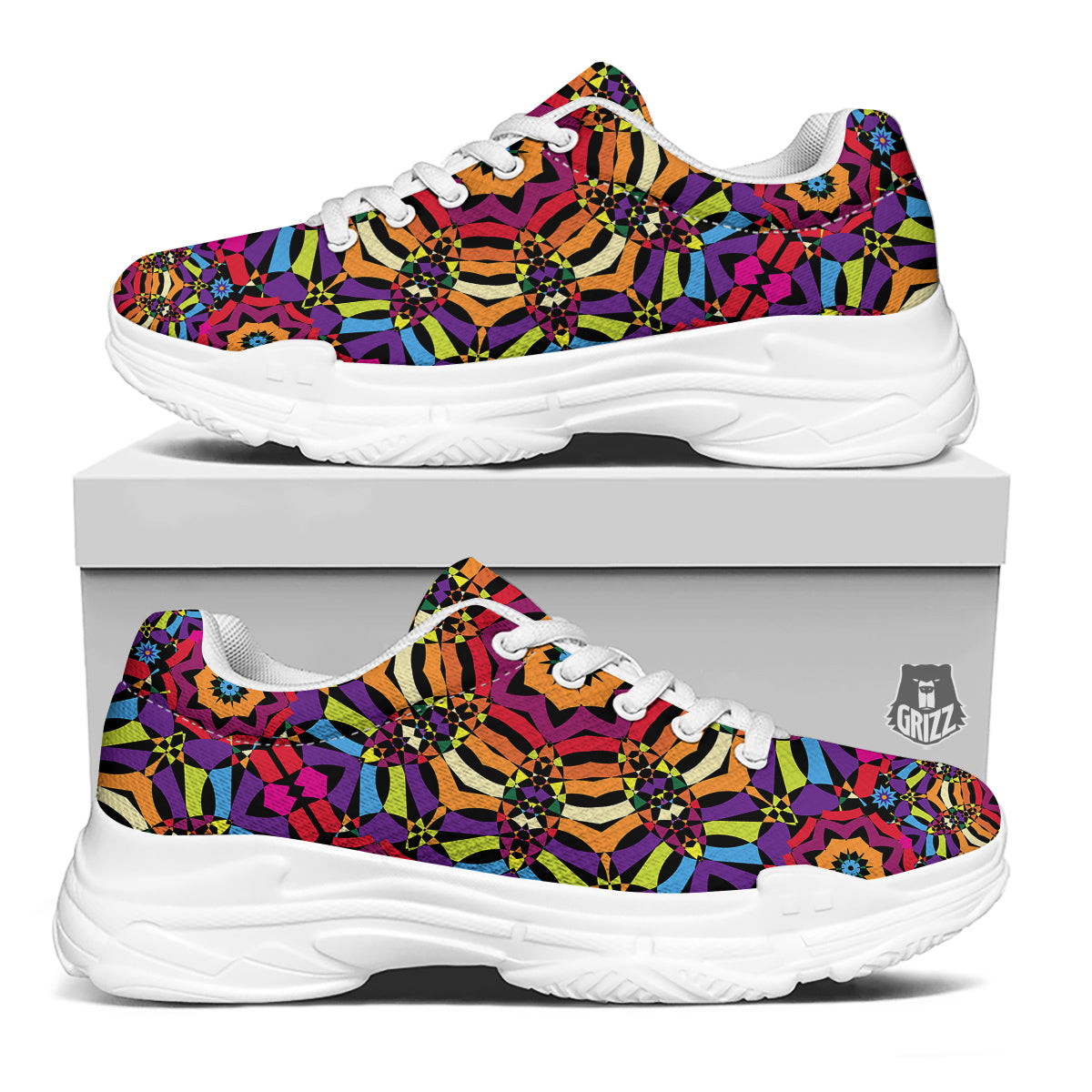 Kaleidoscope Psychedelic Colorful Print White Chunky Shoes-grizzshop