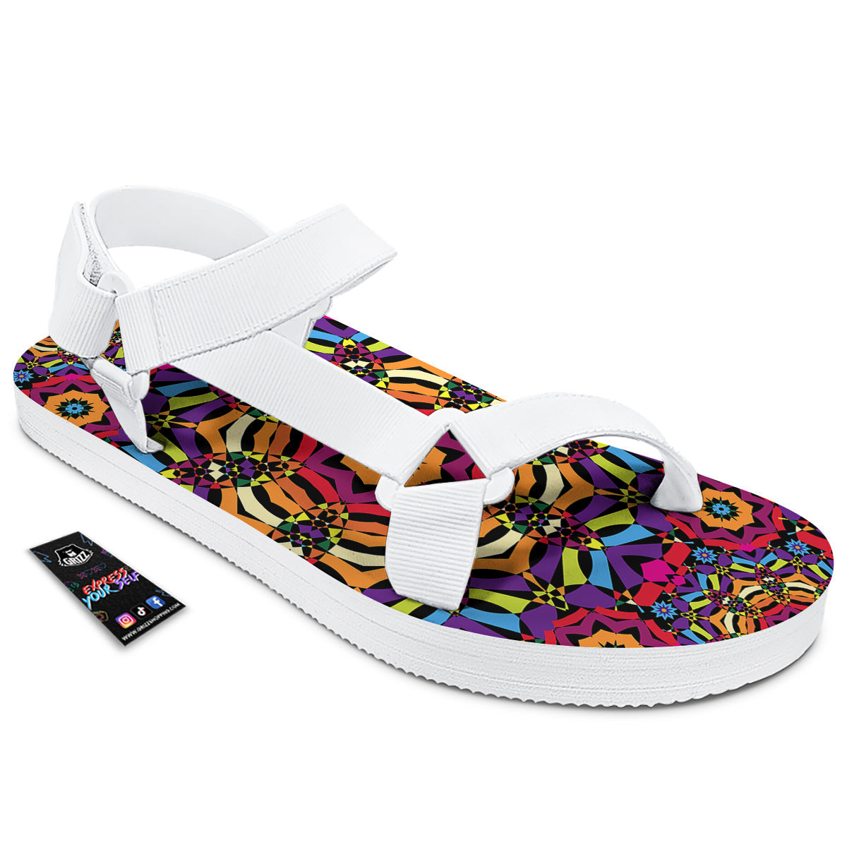 Kaleidoscope Psychedelic Colorful Print White Open Toe Sandals-grizzshop
