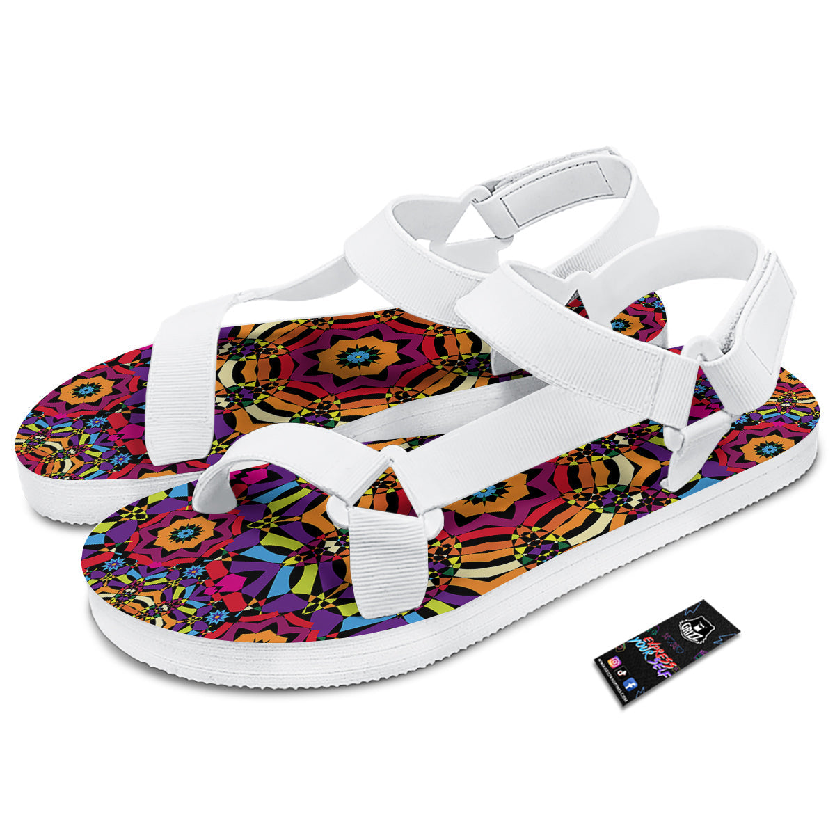 Kaleidoscope Psychedelic Colorful Print White Open Toe Sandals-grizzshop