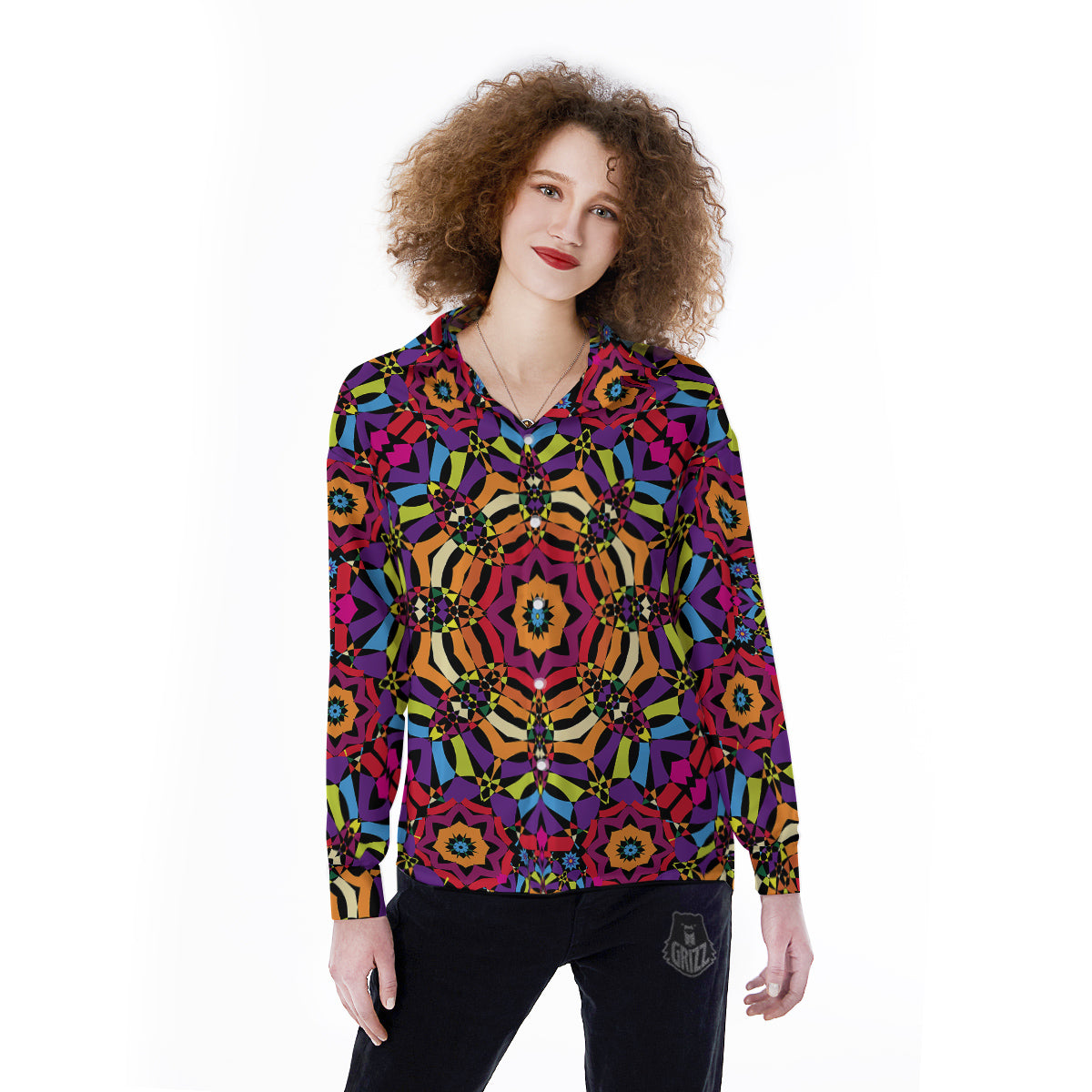 Kaleidoscope Psychedelic Colorful Print Women's Long Sleeve Shirts-grizzshop
