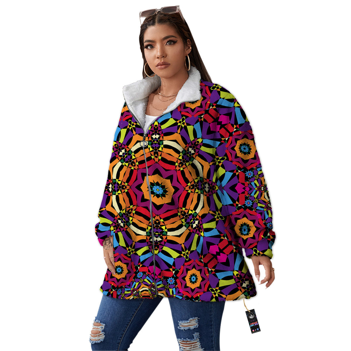 Kaleidoscope Psychedelic Colorful Print Women's Sherpa Jacket-grizzshop