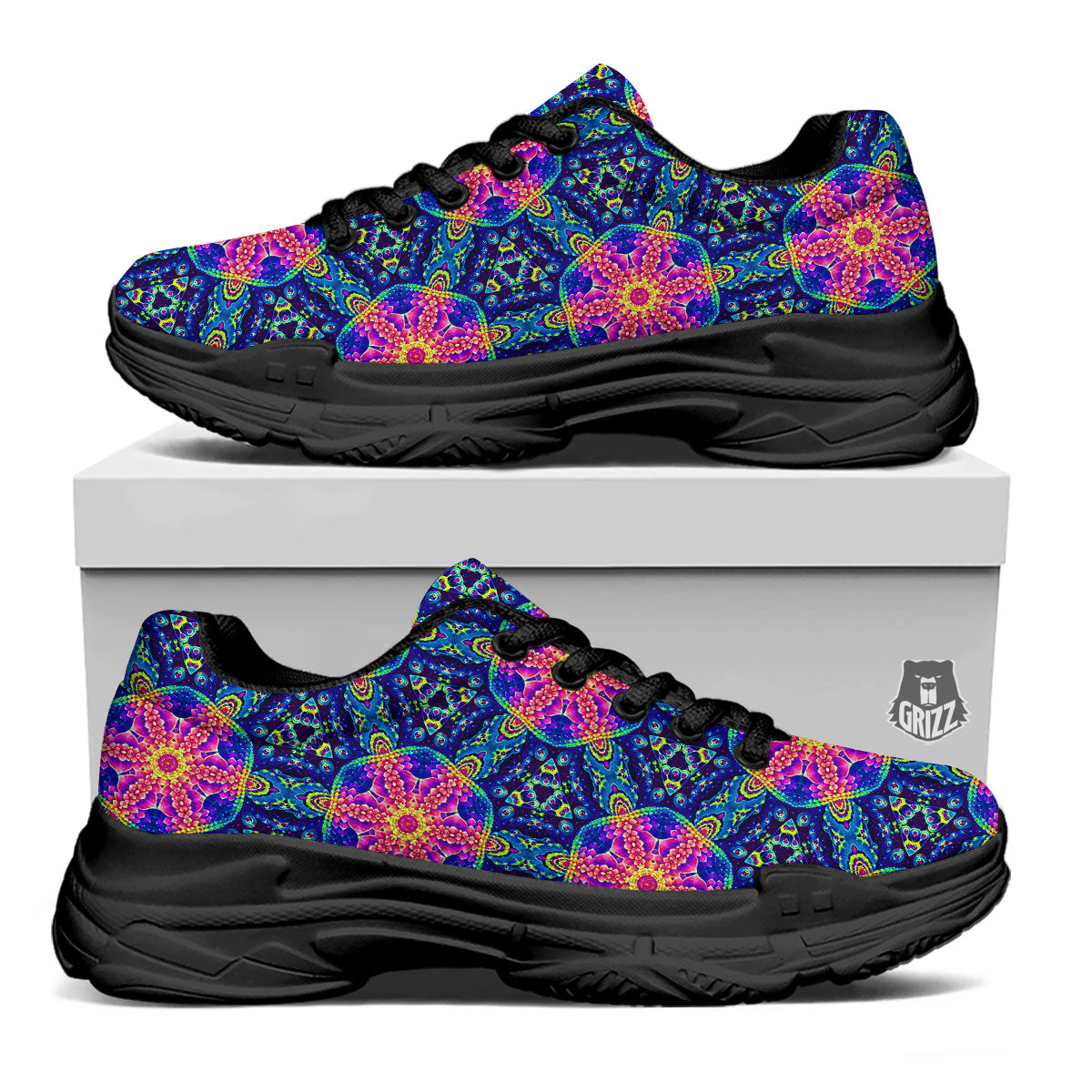 Kaleidoscope Psychedelic Print Pattern Black Chunky Shoes-grizzshop
