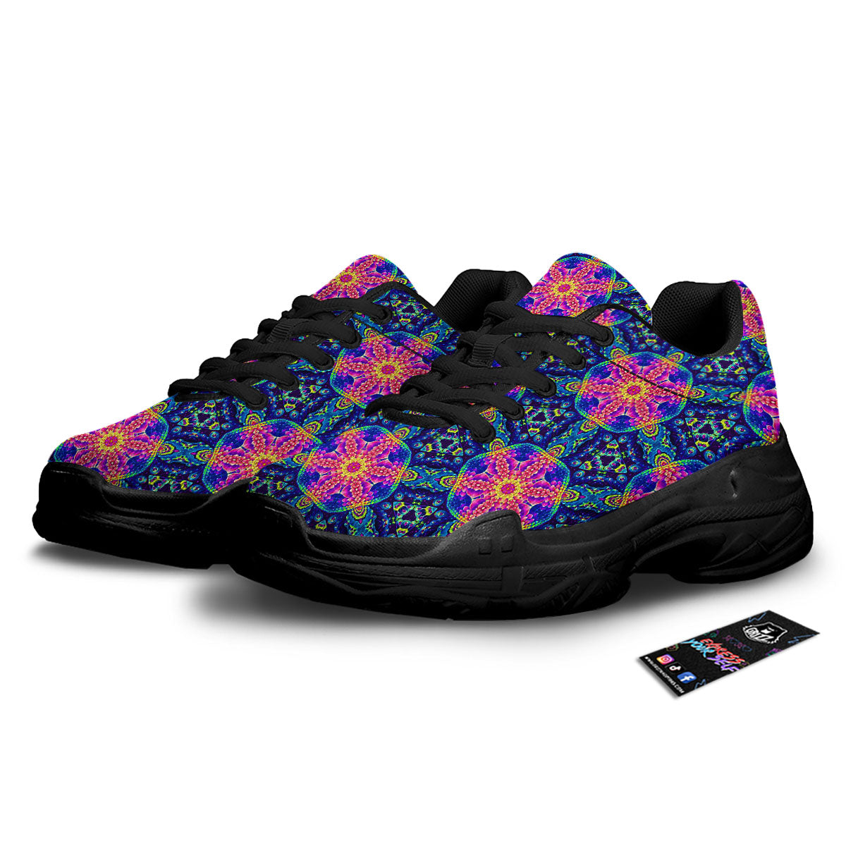 Kaleidoscope Psychedelic Print Pattern Black Chunky Shoes-grizzshop