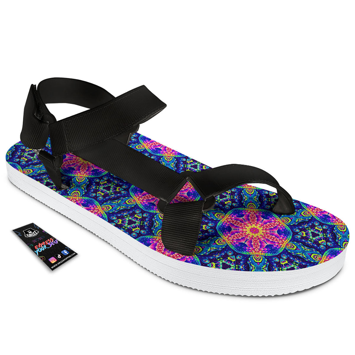 Kaleidoscope Psychedelic Print Pattern Black Open Toe Sandals-grizzshop