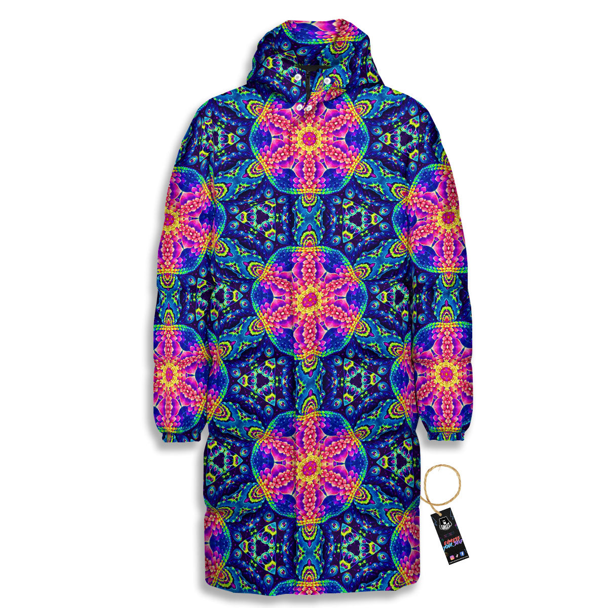 Kaleidoscope Psychedelic Print Pattern Long Down Jacket-grizzshop