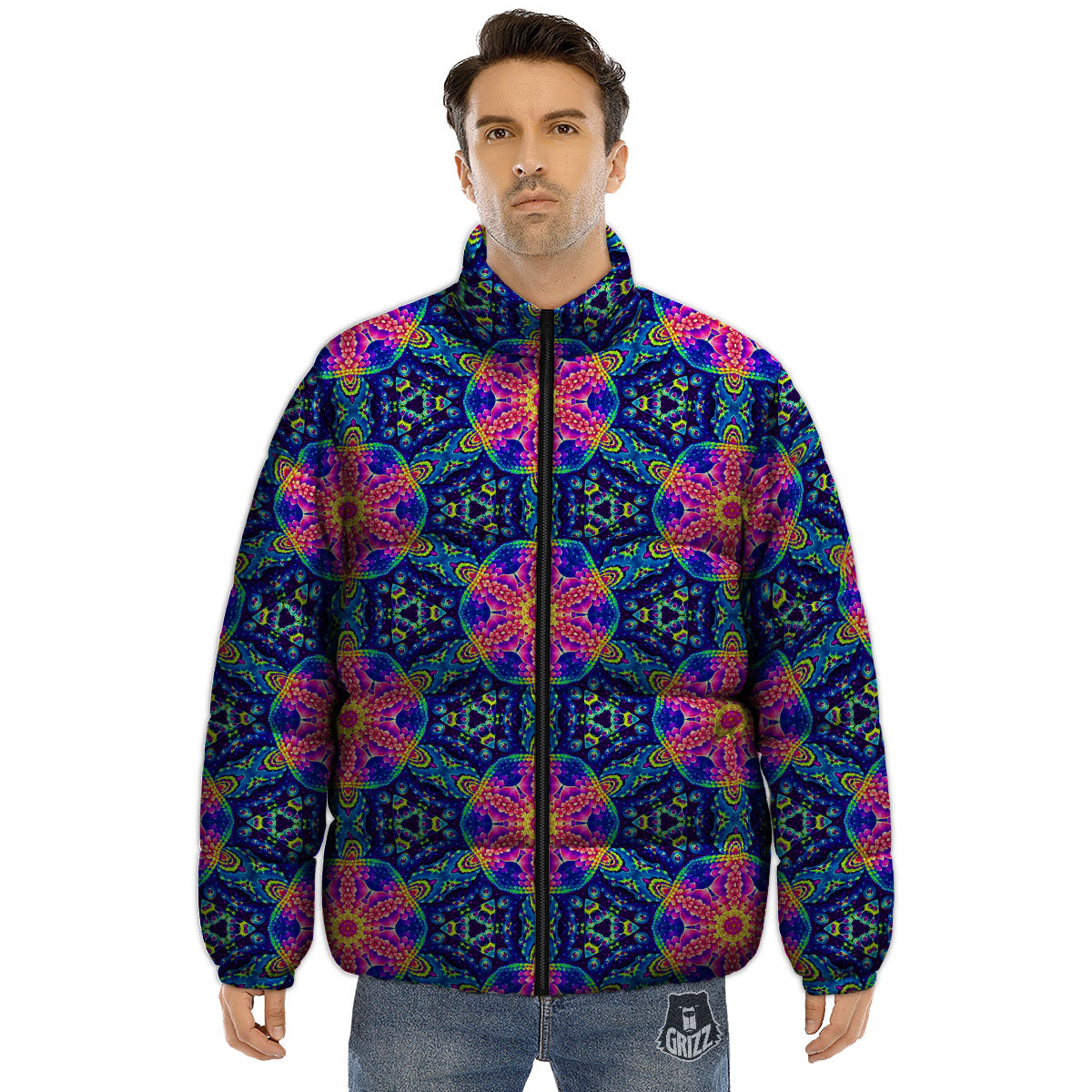 Kaleidoscope Psychedelic Print Pattern Puffer Jacket-grizzshop