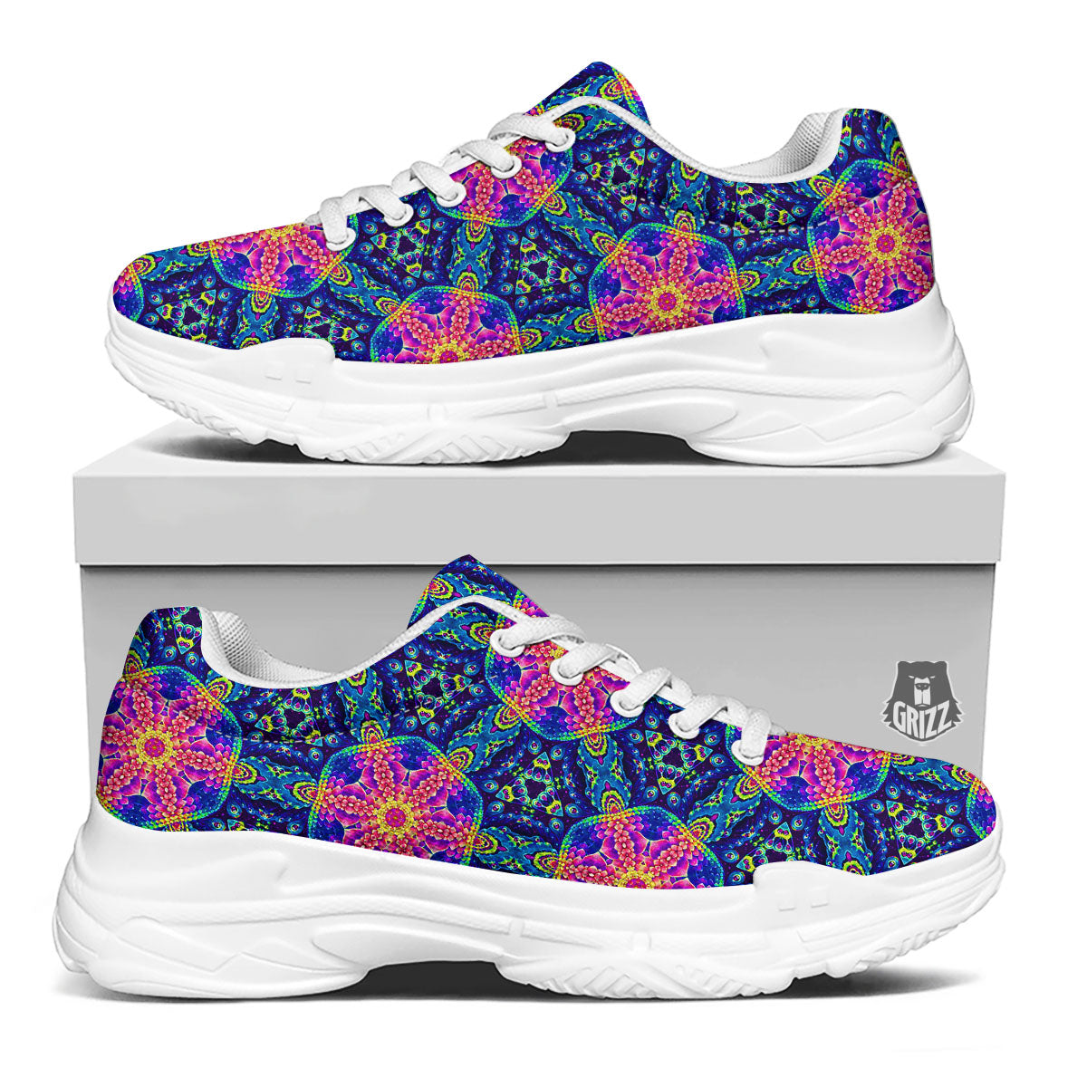 Kaleidoscope Psychedelic Print Pattern White Chunky Shoes-grizzshop