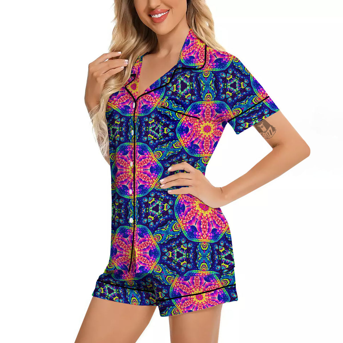 Kaleidoscope Psychedelic Print Pattern Women Silk Pajamas-grizzshop