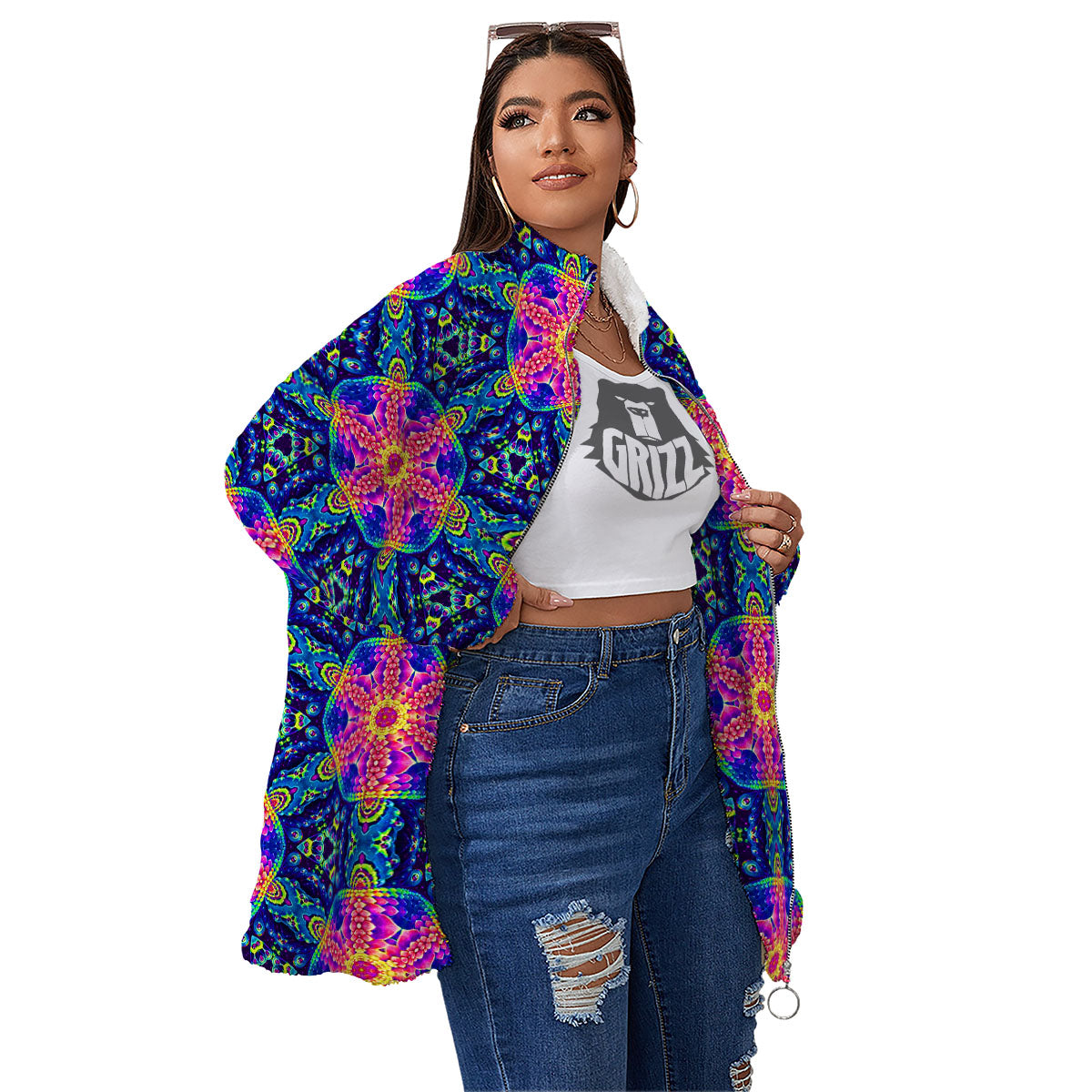 Kaleidoscope Psychedelic Print Pattern Women's Sherpa Jacket-grizzshop