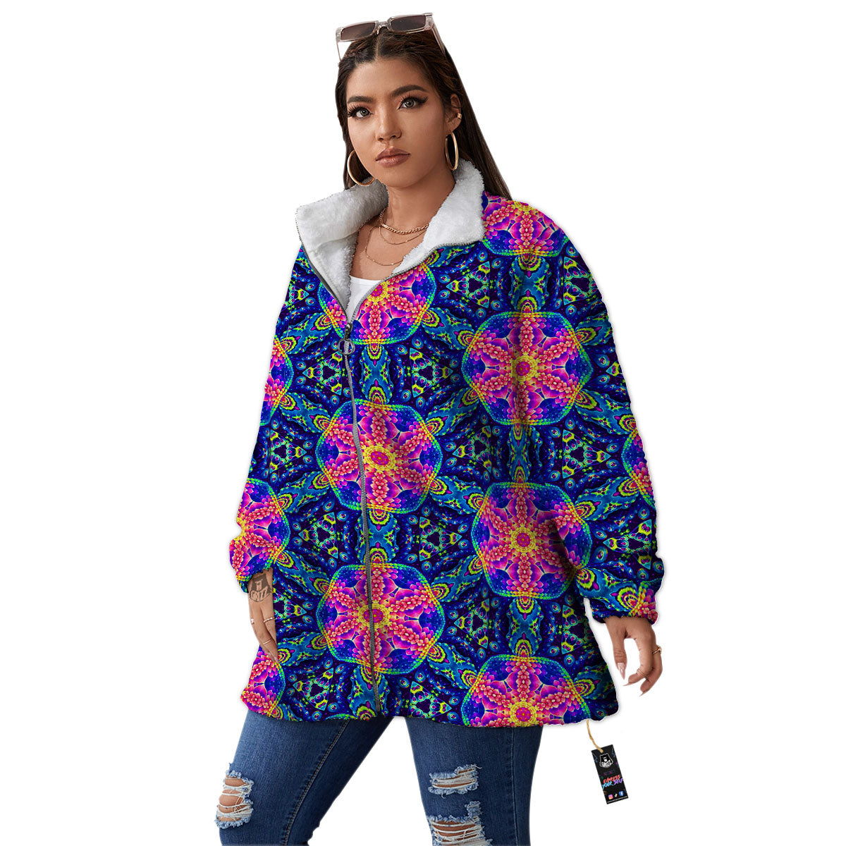 Kaleidoscope Psychedelic Print Pattern Women's Sherpa Jacket-grizzshop