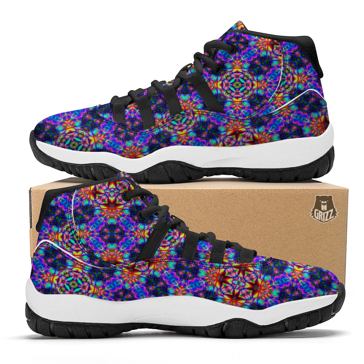 Kaleidoscope Rainbow Print Pattern Black Bball Shoes-grizzshop