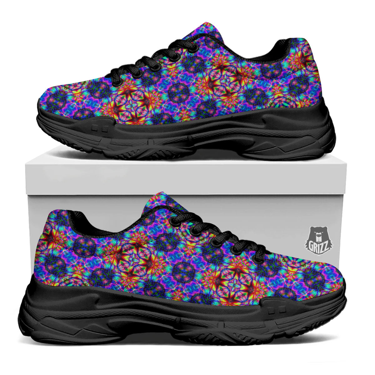 Kaleidoscope Rainbow Print Pattern Black Chunky Shoes-grizzshop