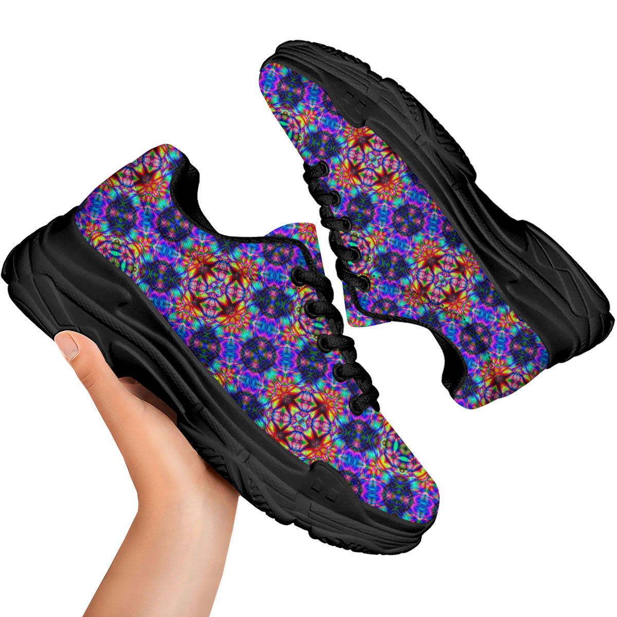 Kaleidoscope Rainbow Print Pattern Black Chunky Shoes-grizzshop