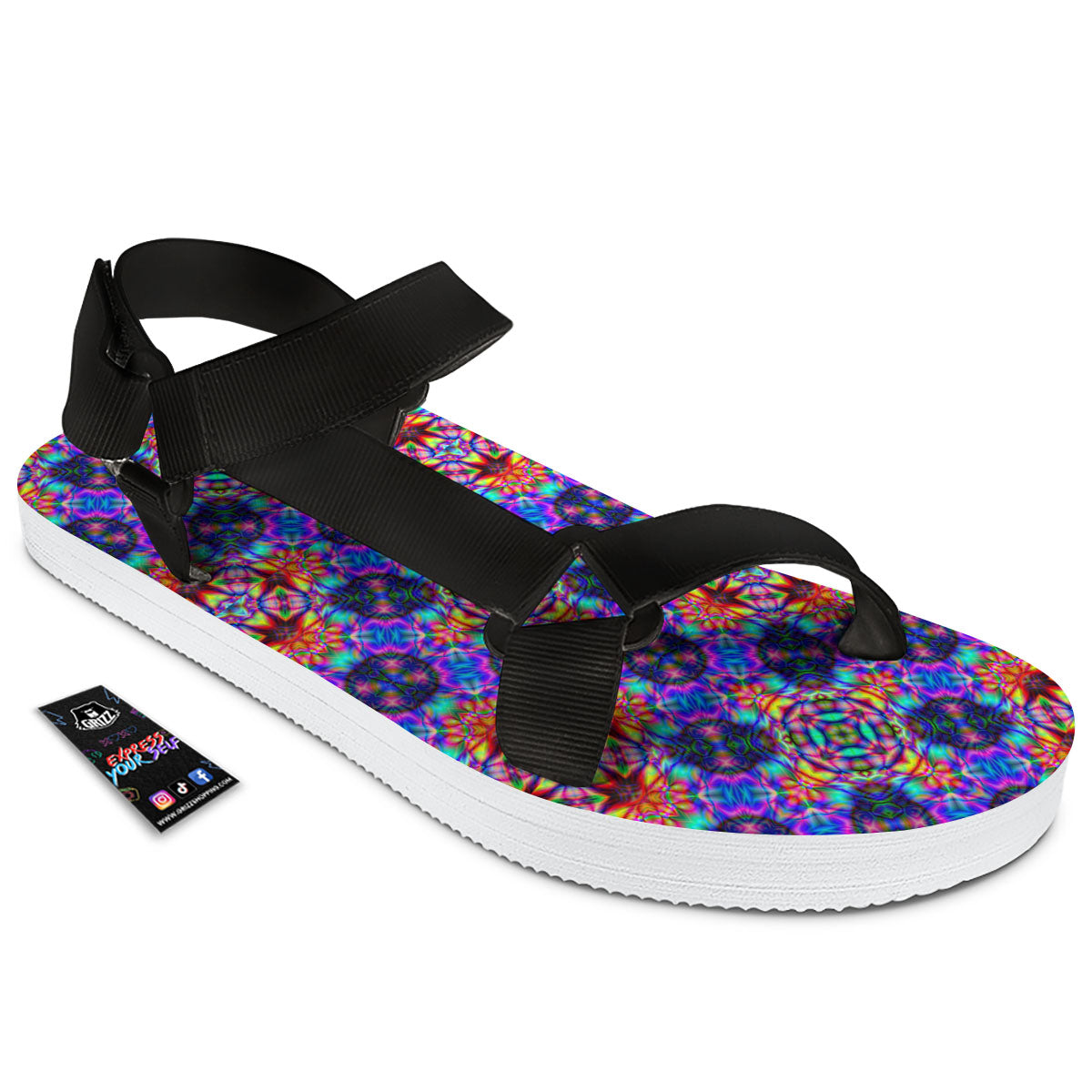 Kaleidoscope Rainbow Print Pattern Black Open Toe Sandals-grizzshop