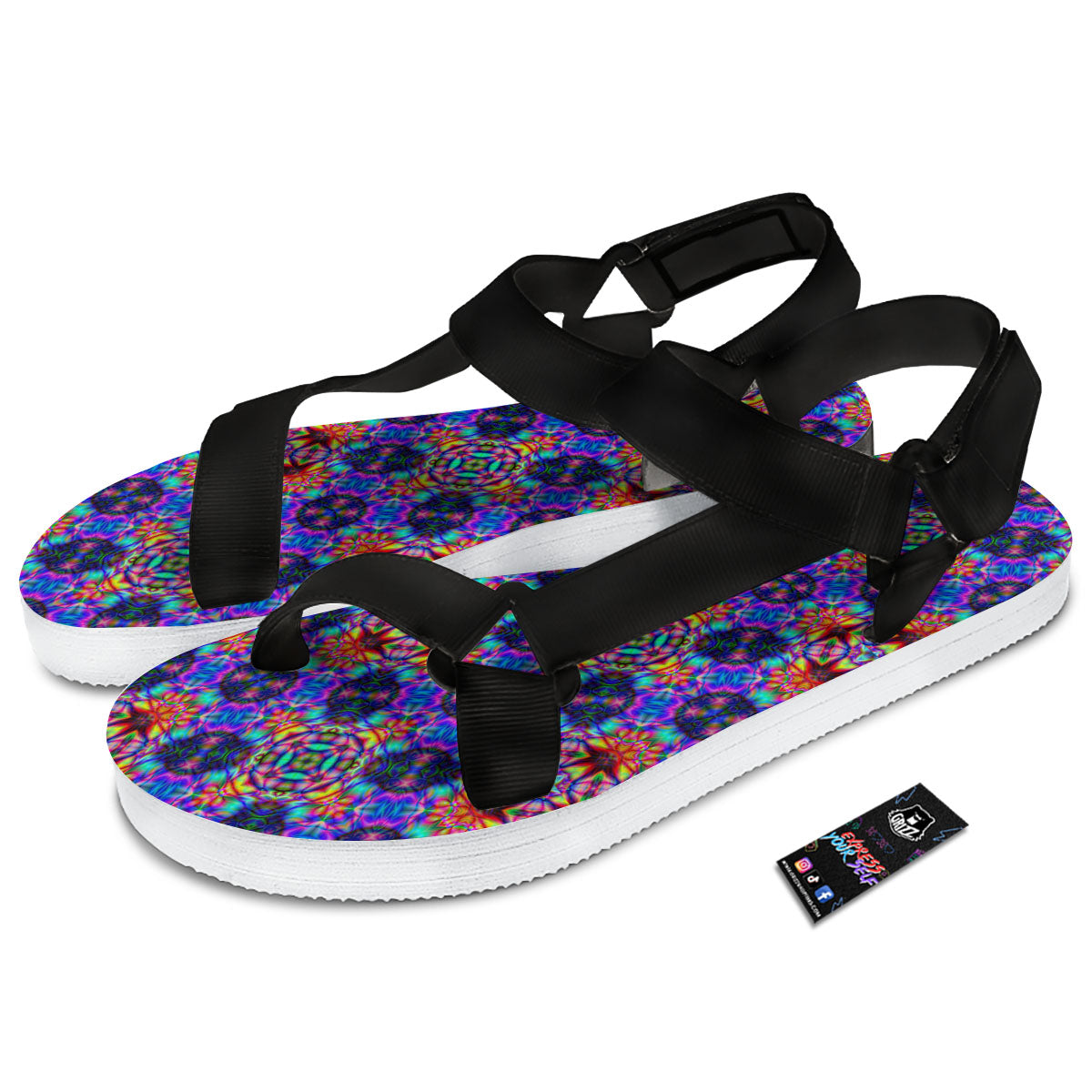 Kaleidoscope Rainbow Print Pattern Black Open Toe Sandals-grizzshop