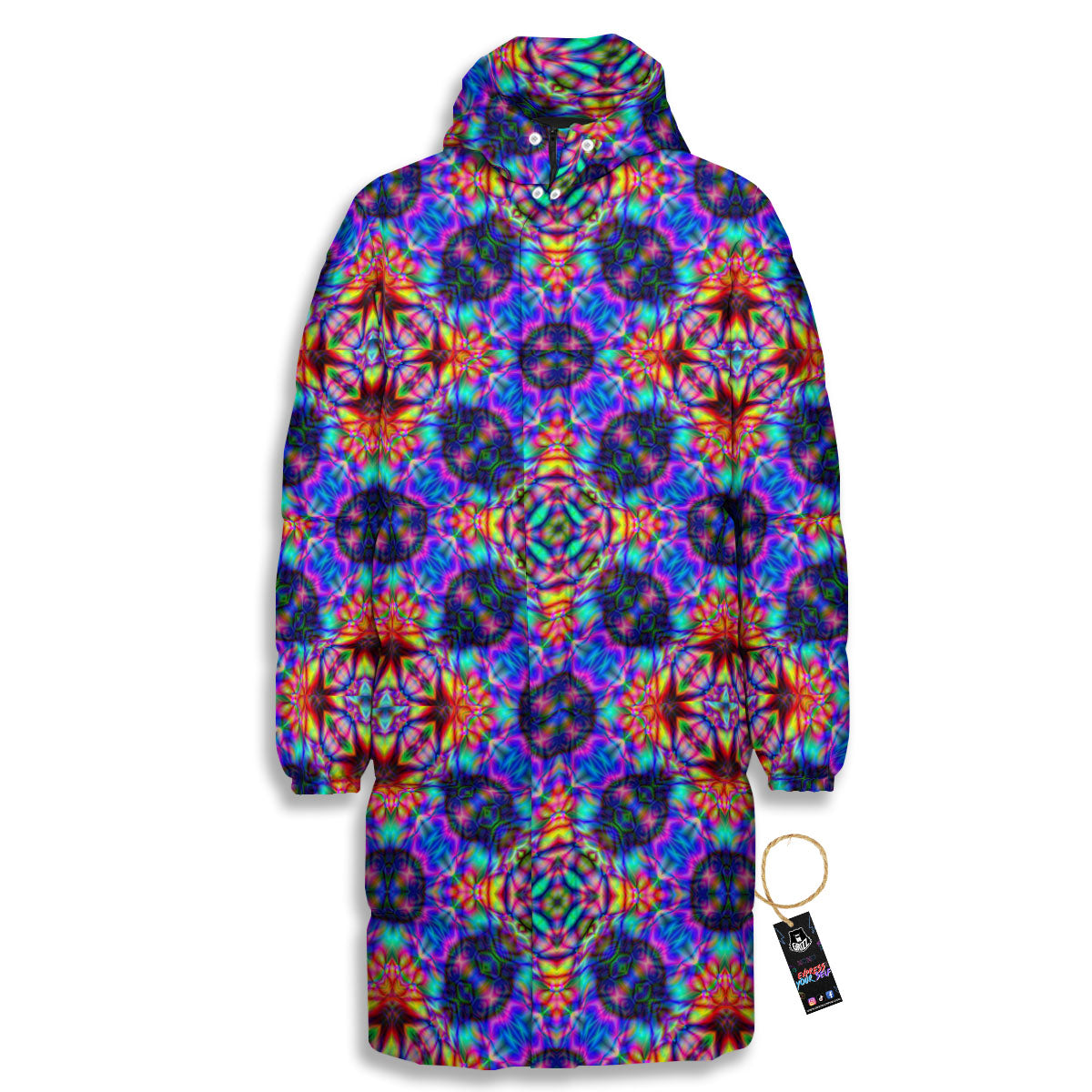 Kaleidoscope Rainbow Print Pattern Long Down Jacket-grizzshop