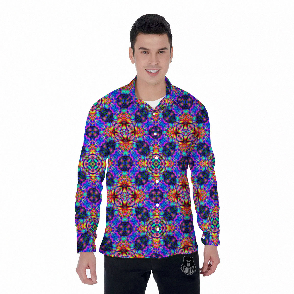 Kaleidoscope Rainbow Print Pattern Men's Long Sleeve Shirts-grizzshop
