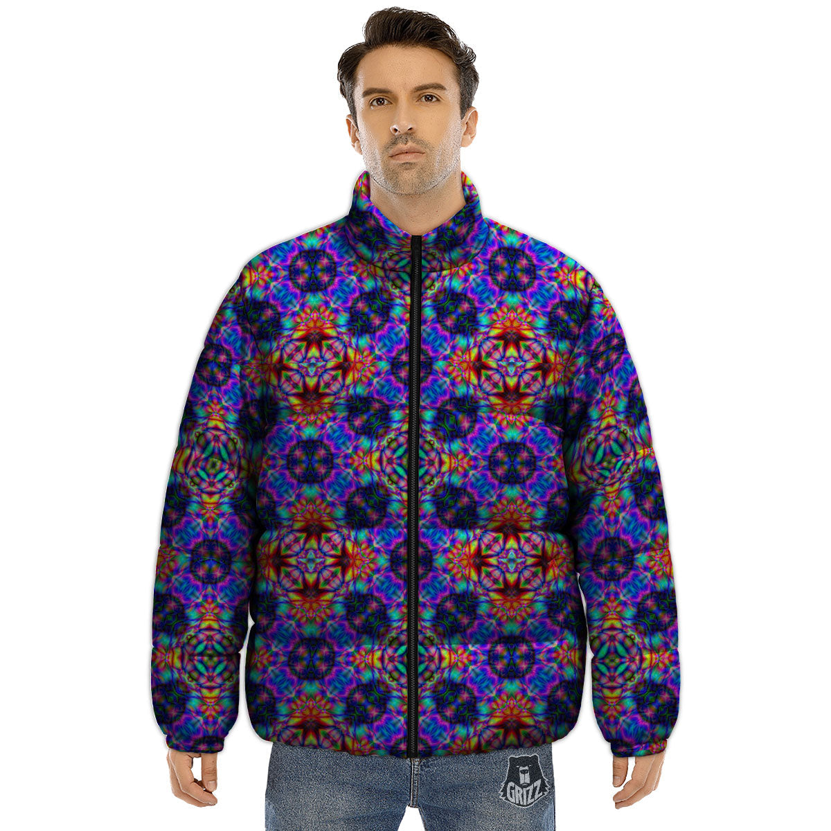 Kaleidoscope Rainbow Print Pattern Puffer Jacket-grizzshop