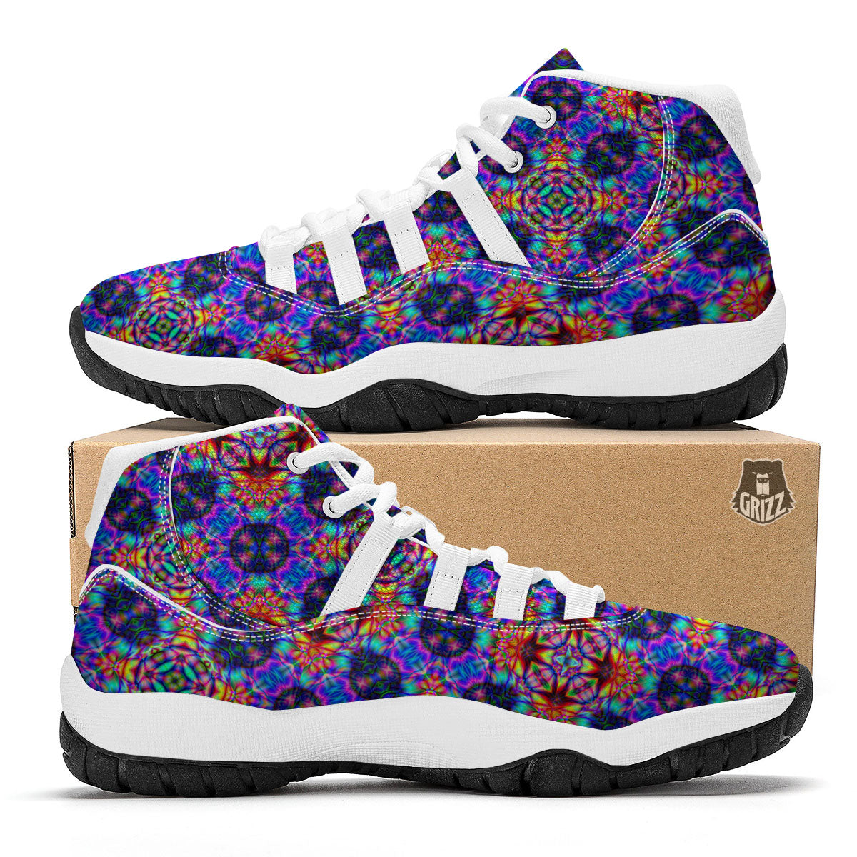 Kaleidoscope Rainbow Print Pattern White Bball Shoes-grizzshop