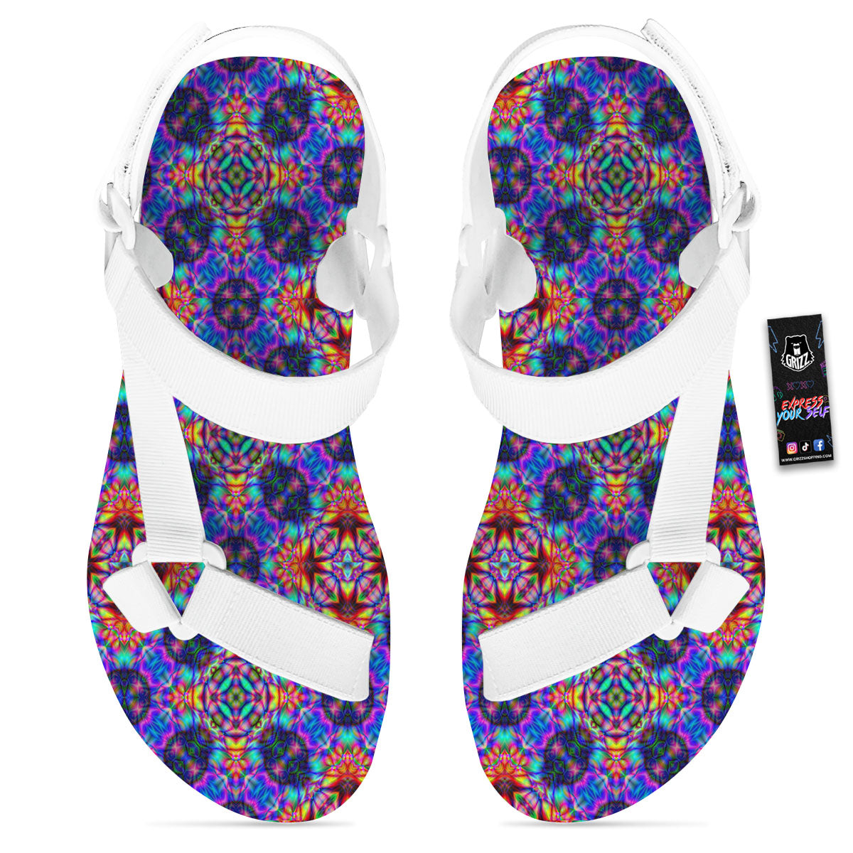 Kaleidoscope Rainbow Print Pattern White Open Toe Sandals-grizzshop