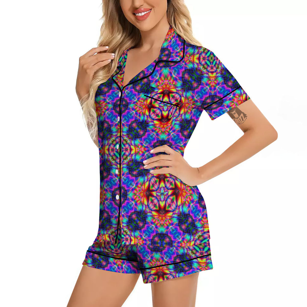 Kaleidoscope Rainbow Print Pattern Women Silk Pajamas-grizzshop