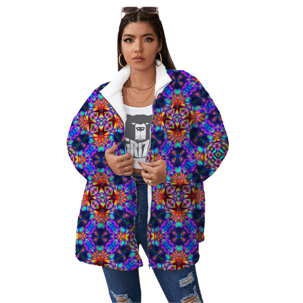 Kaleidoscope Rainbow Print Pattern Women's Sherpa Jacket-grizzshop