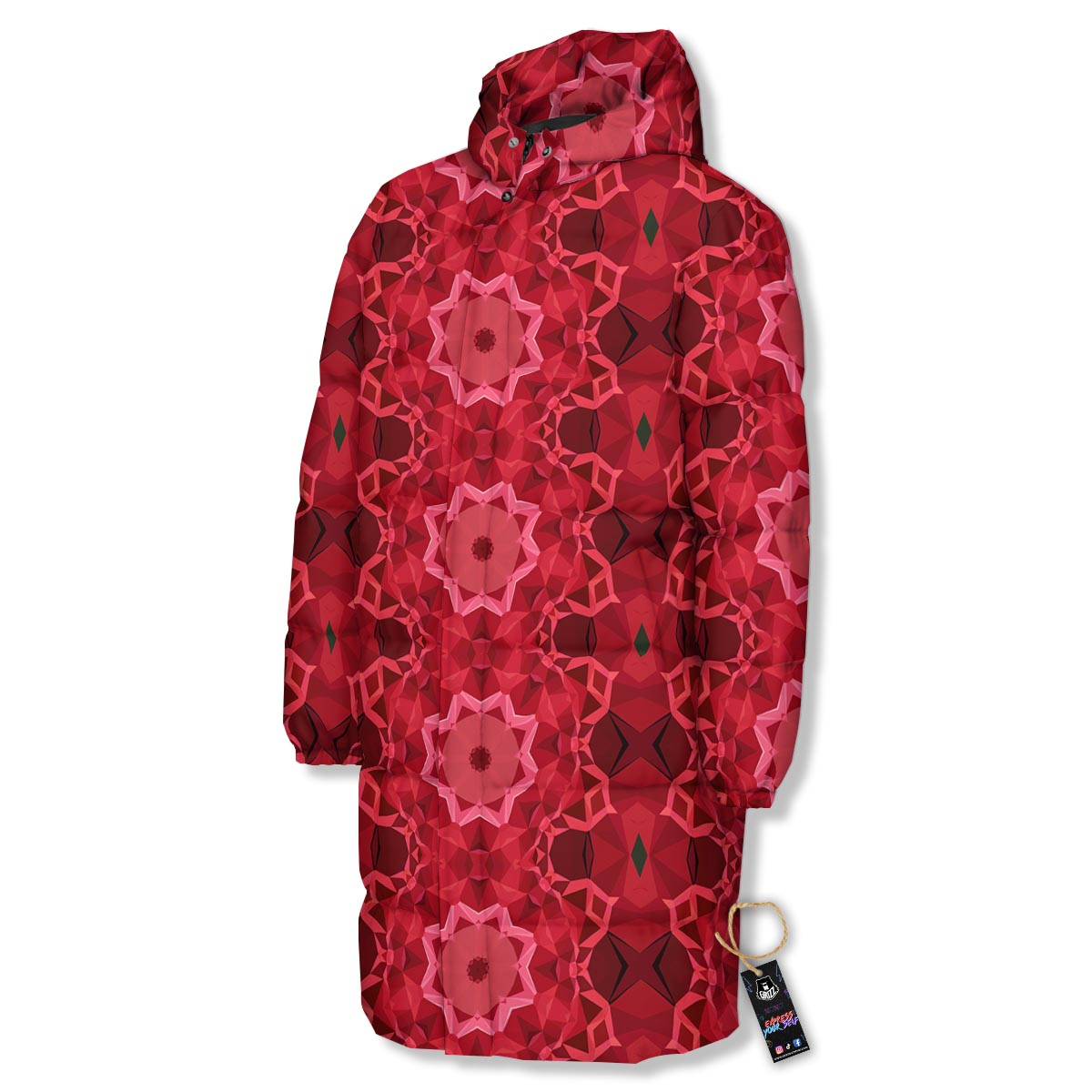 Kaleidoscope Red Print Pattern Long Down Jacket-grizzshop