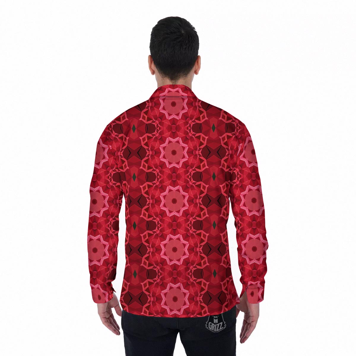 Kaleidoscope Red Print Pattern Men's Long Sleeve Shirts-grizzshop