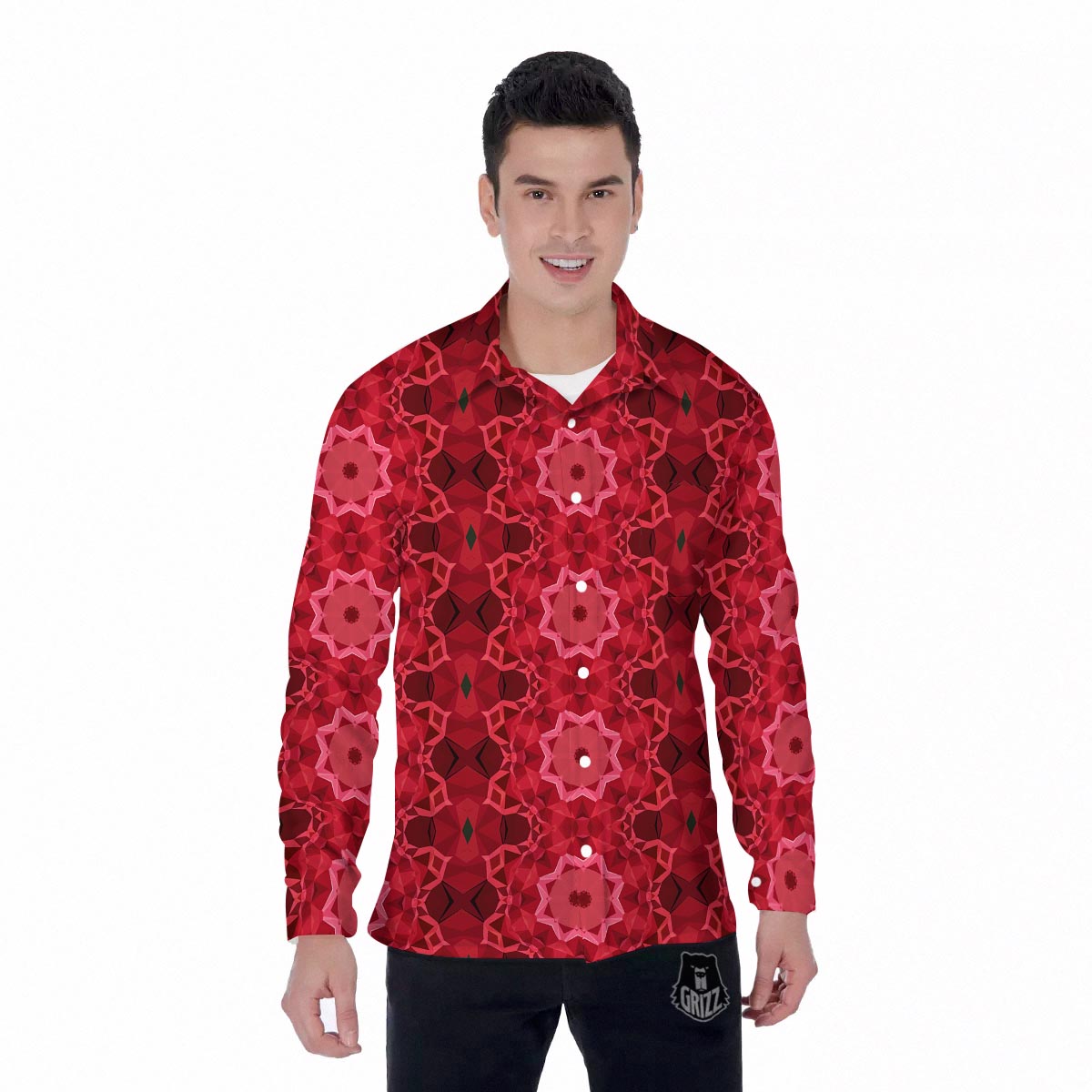 Kaleidoscope Red Print Pattern Men's Long Sleeve Shirts-grizzshop