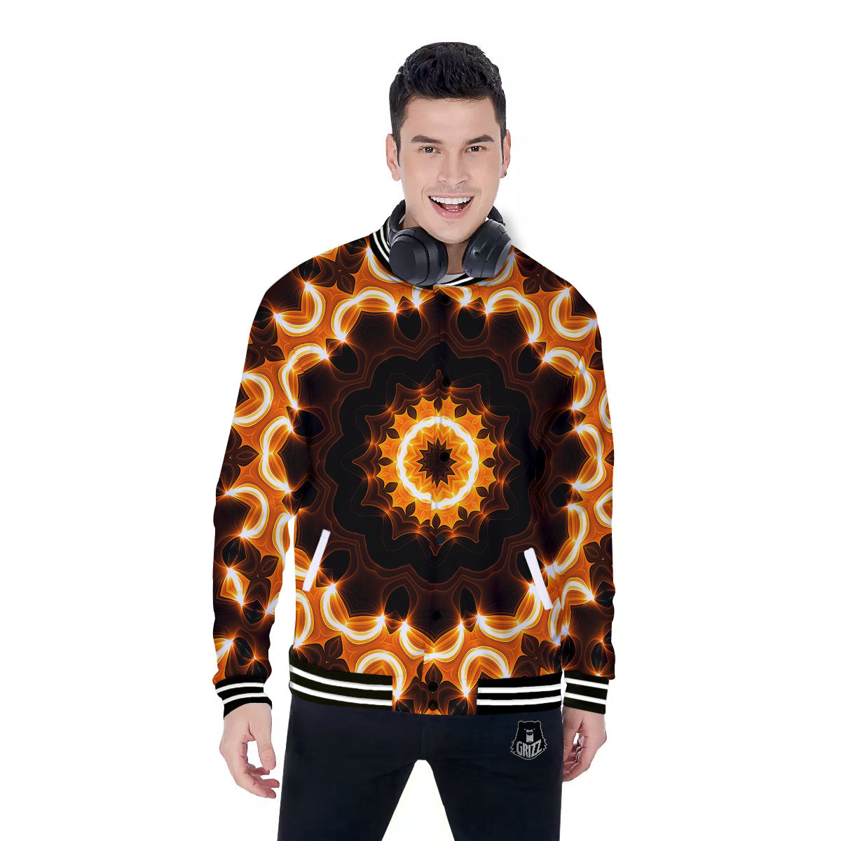 Kaleidoscope Shiny Print Baseball Jacket-grizzshop