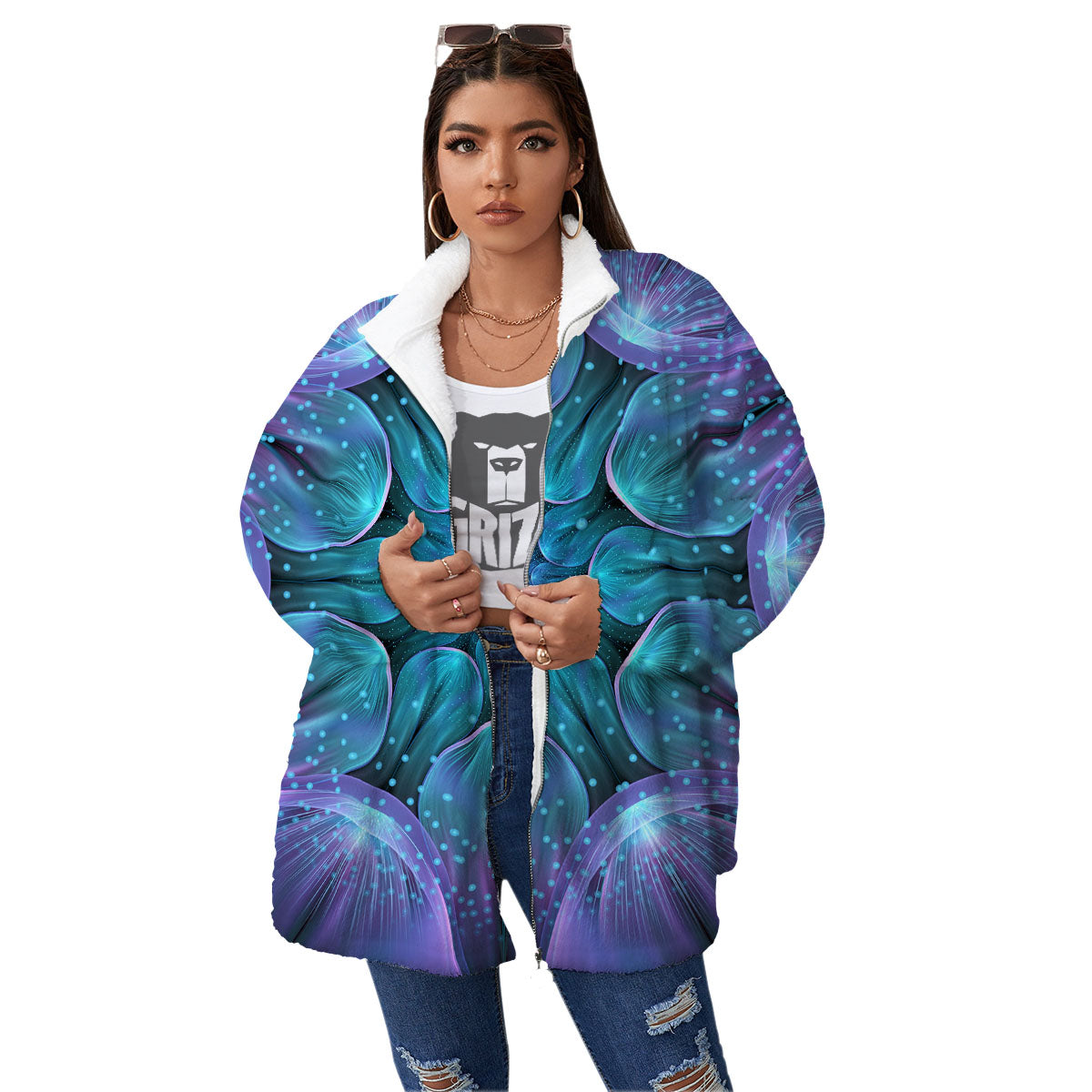 Kaleidoscope Sparkle Print Women's Sherpa Jacket-grizzshop