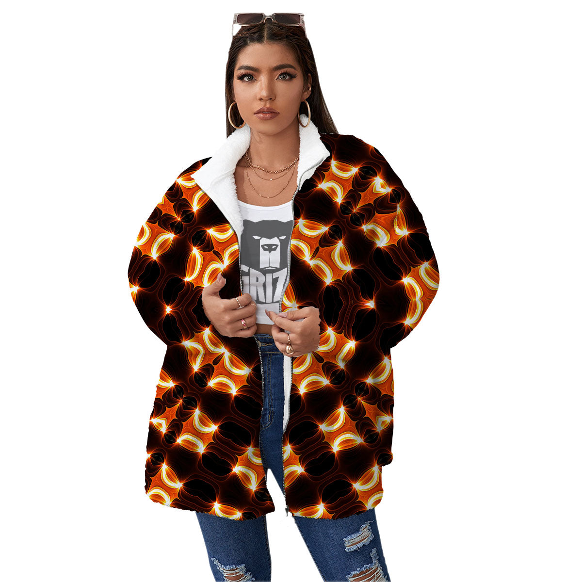 Kaleidoscope Spot Yellow Print Women's Sherpa Jacket-grizzshop
