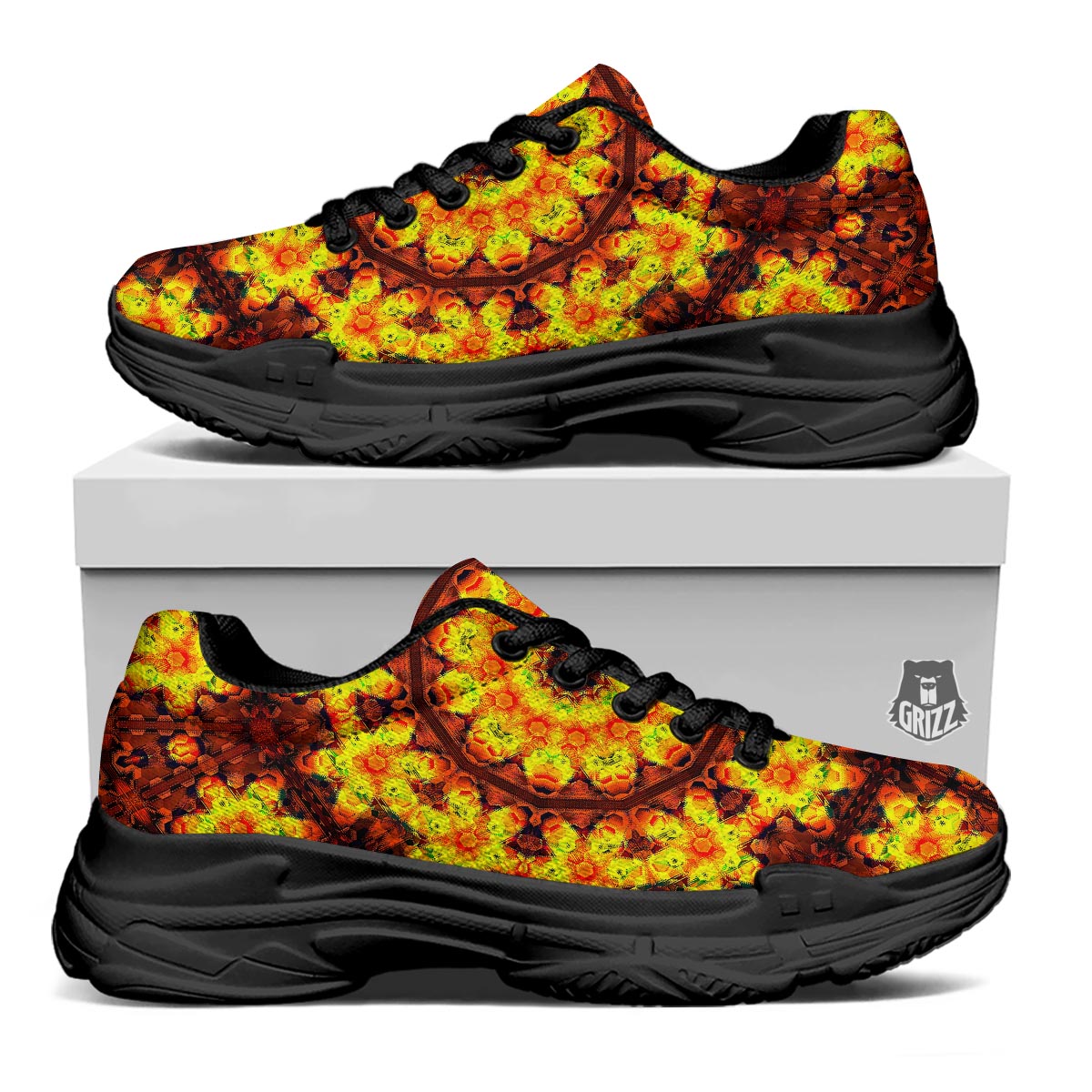 Kaleidoscope Sun Fire Print Black Chunky Shoes-grizzshop