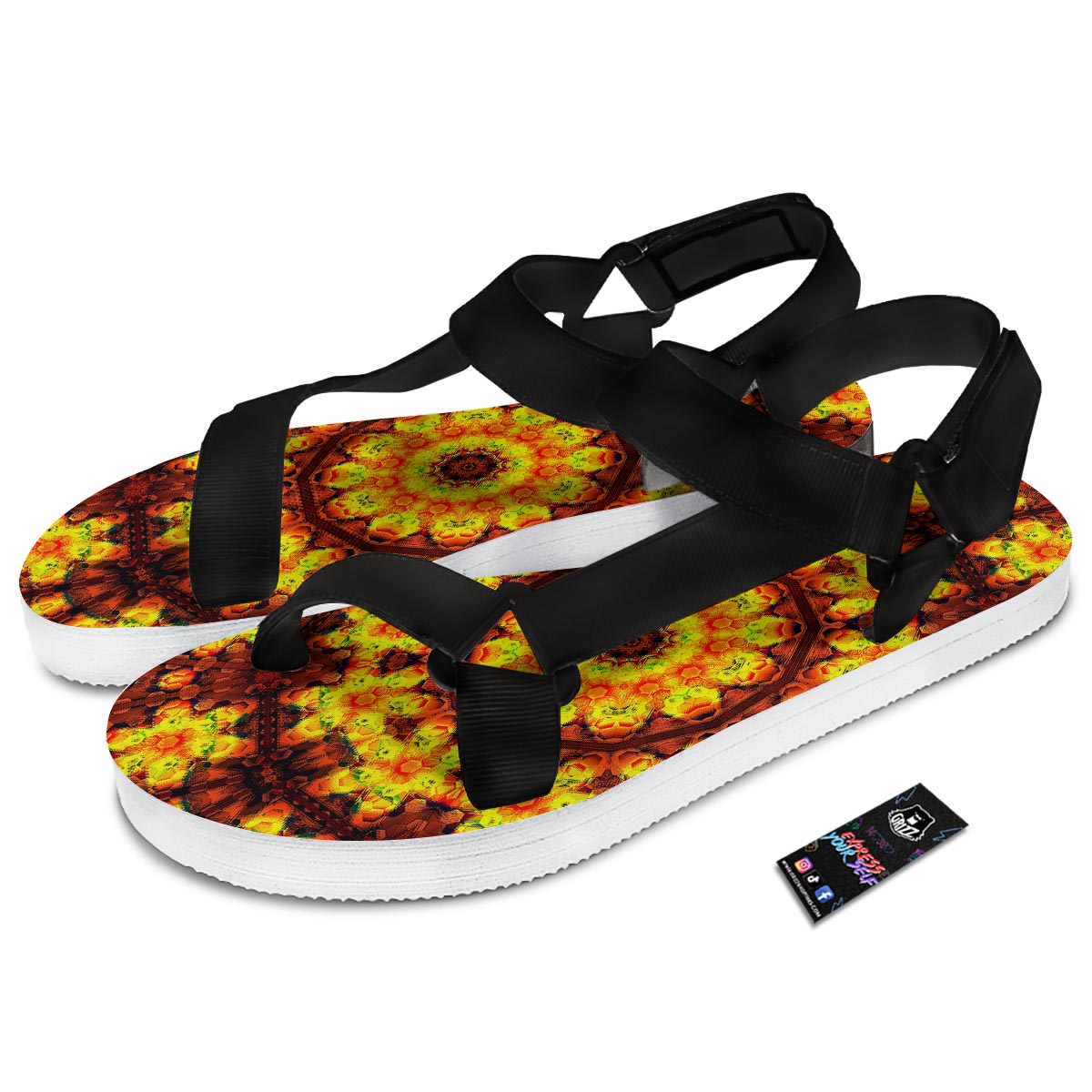 Kaleidoscope Sun Fire Print Black Open Toe Sandals-grizzshop