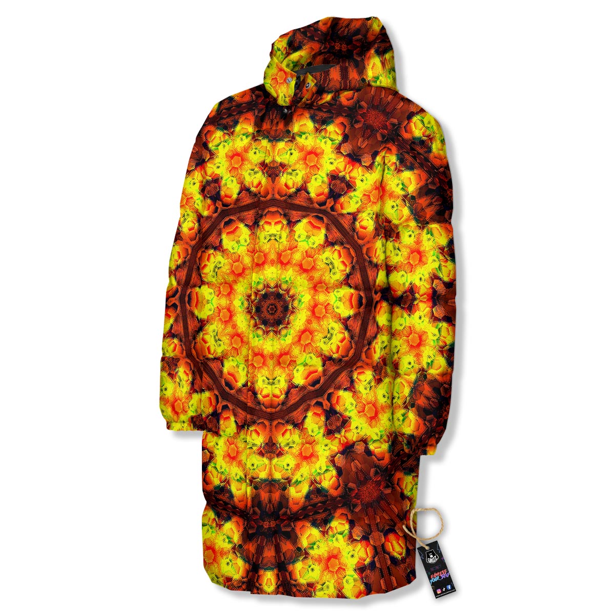 Kaleidoscope Sun Fire Print Long Down Jacket-grizzshop