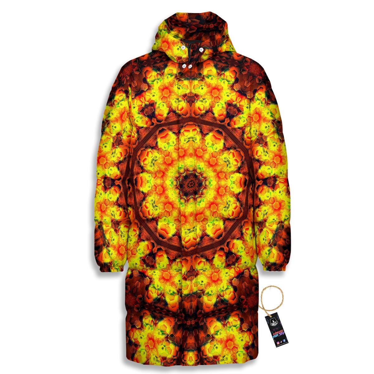 Kaleidoscope Sun Fire Print Long Down Jacket-grizzshop