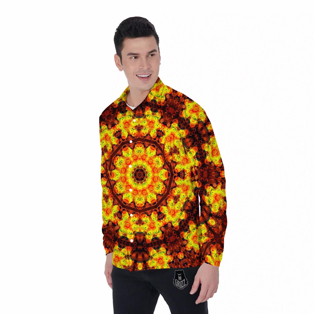 Kaleidoscope Sun Fire Print Men's Long Sleeve Shirts-grizzshop