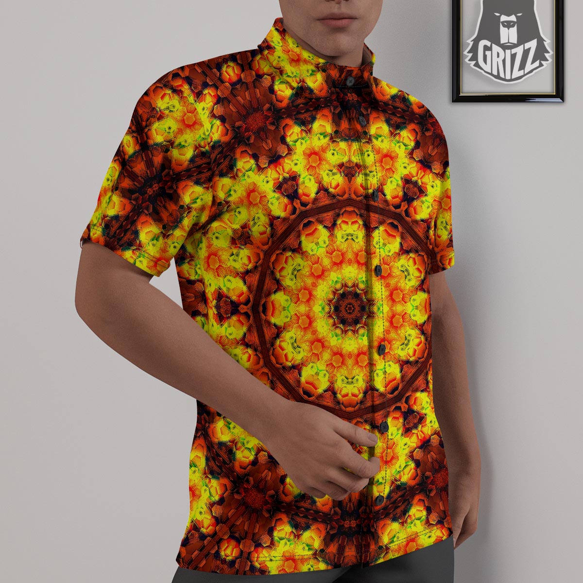 Kaleidoscope Sun Fire Print Untucked Shirts-grizzshop