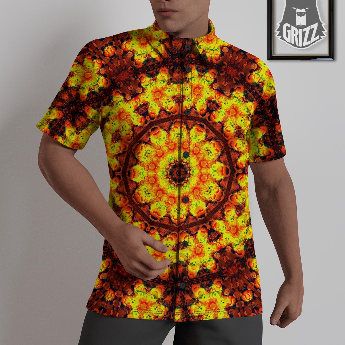 Kaleidoscope Sun Fire Print Untucked Shirts-grizzshop
