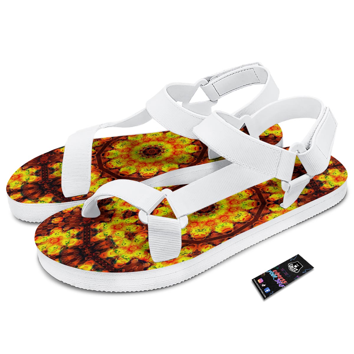Kaleidoscope Sun Fire Print White Open Toe Sandals-grizzshop