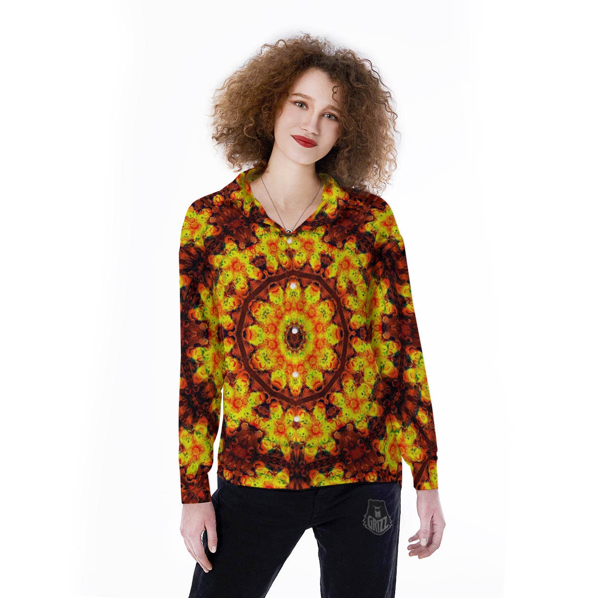 Kaleidoscope Sun Fire Print Women's Long Sleeve Shirts-grizzshop