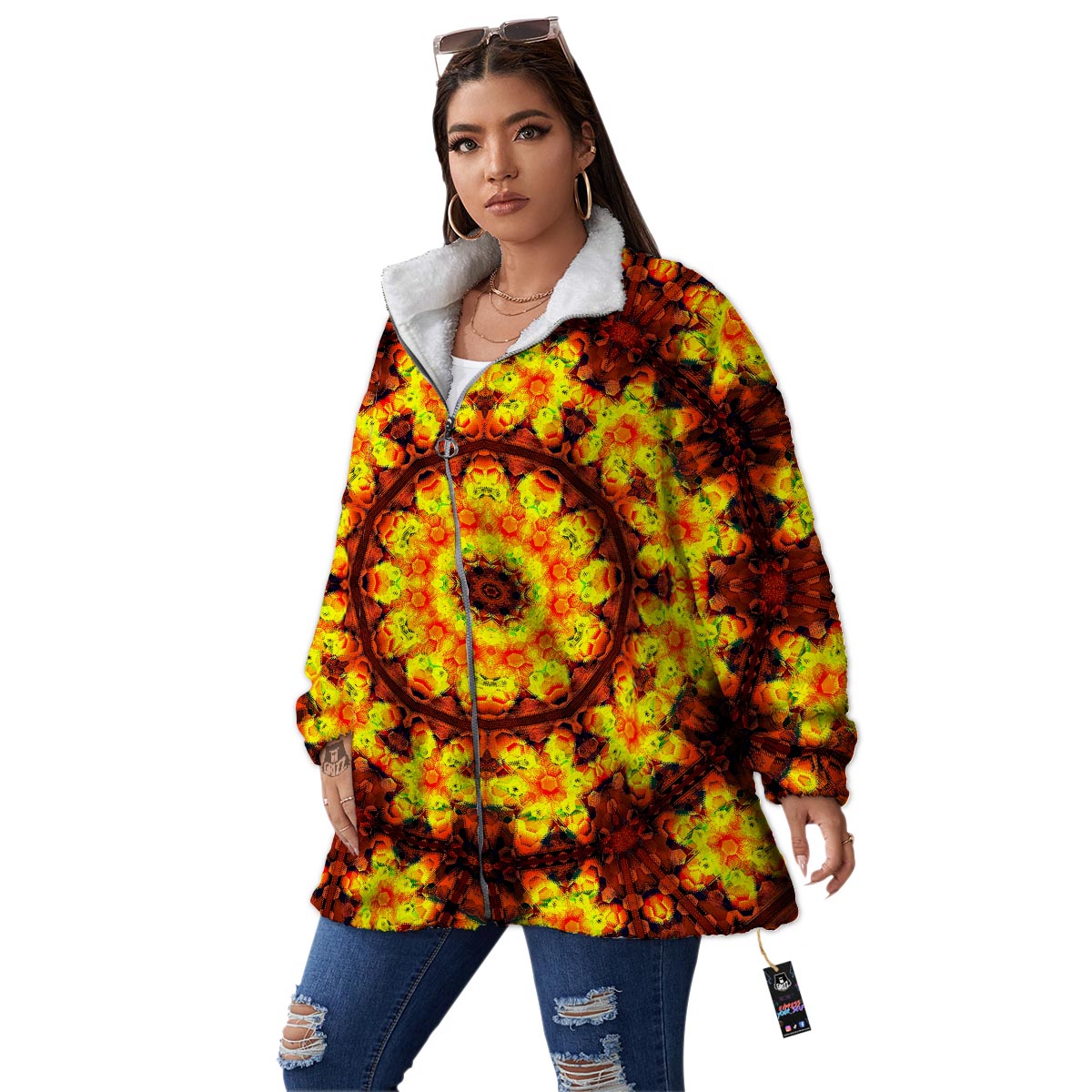 Kaleidoscope Sun Fire Print Women's Sherpa Jacket-grizzshop