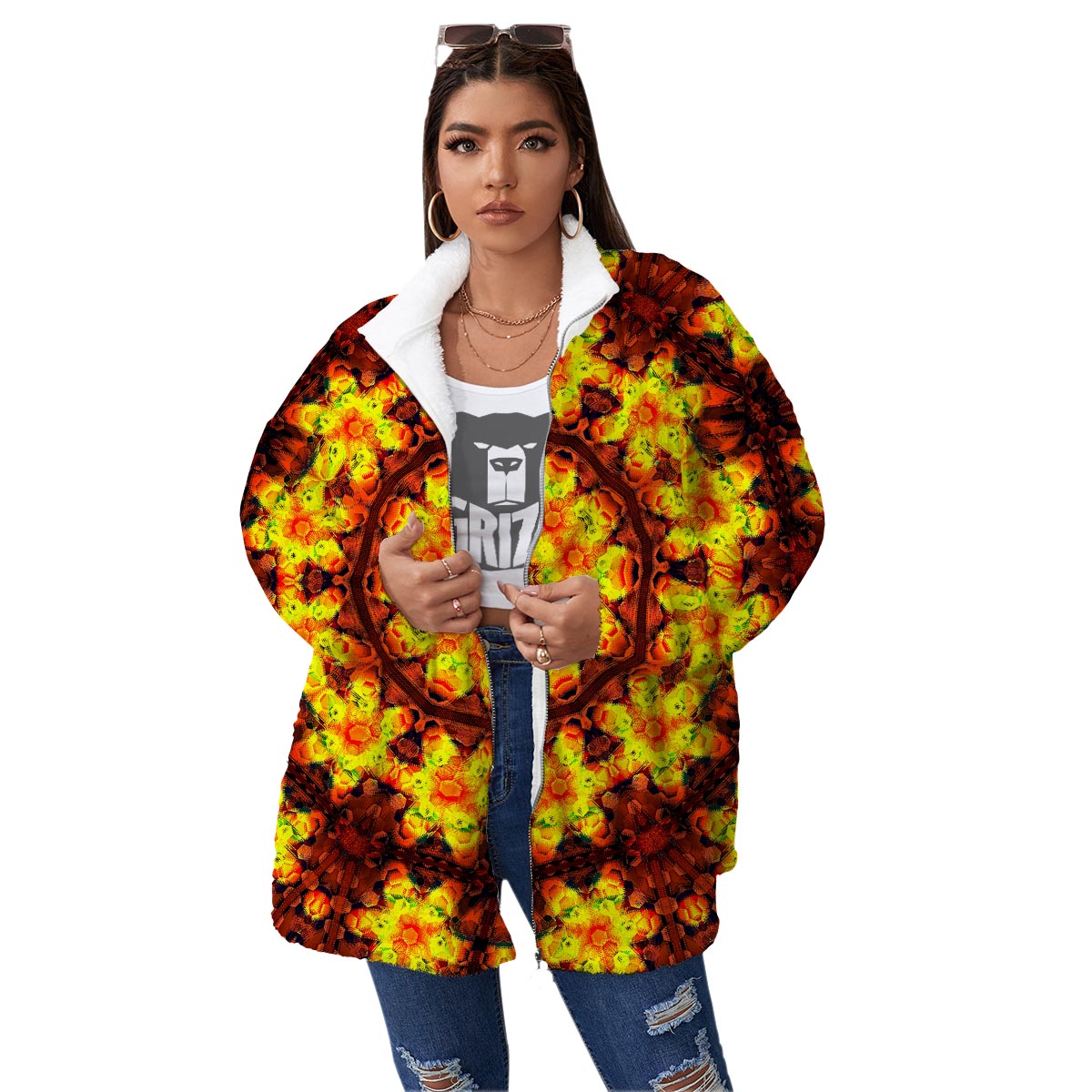 Kaleidoscope Sun Fire Print Women's Sherpa Jacket-grizzshop
