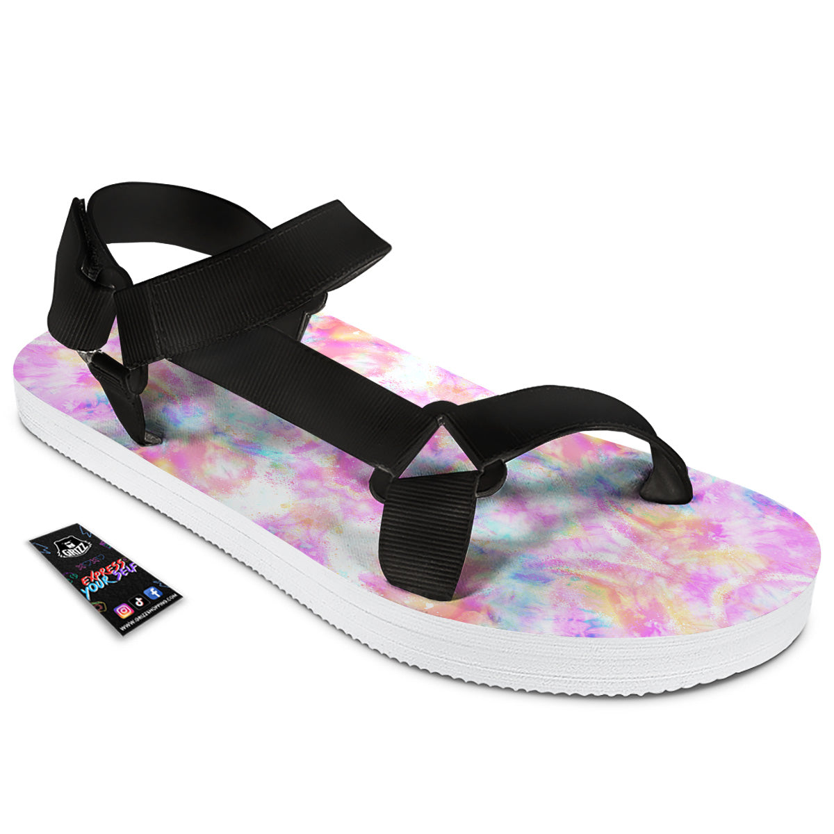 Kaleidoscope Tie Dye Pastel Print Pattern Black Open Toe Sandals-grizzshop
