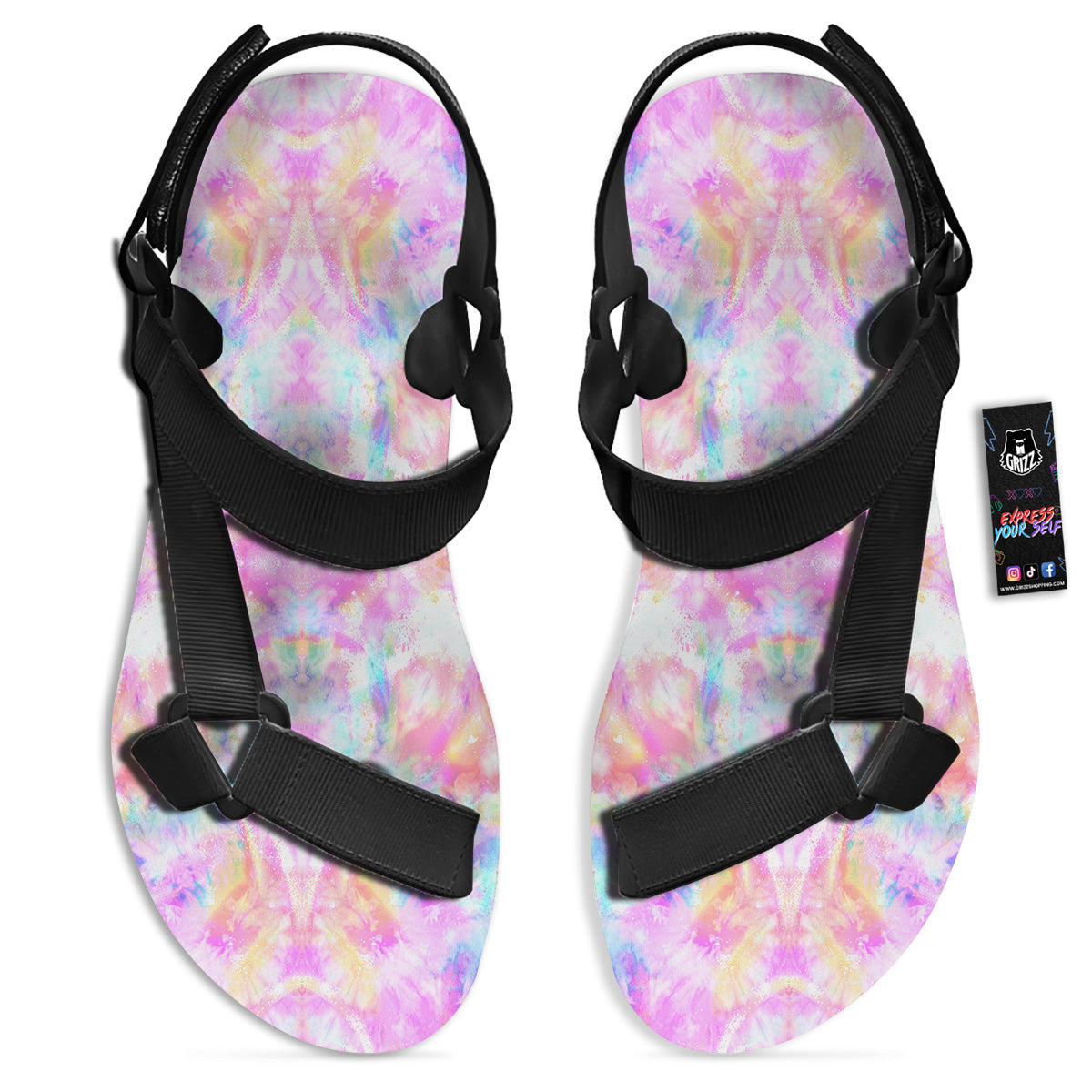 Kaleidoscope Tie Dye Pastel Print Pattern Black Open Toe Sandals-grizzshop